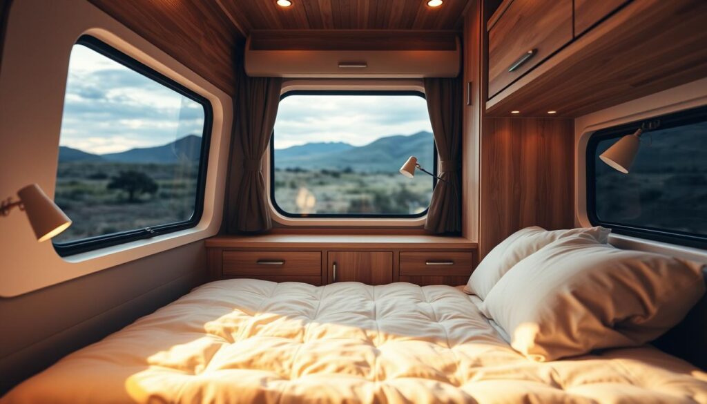 cozy campervan sleeping area